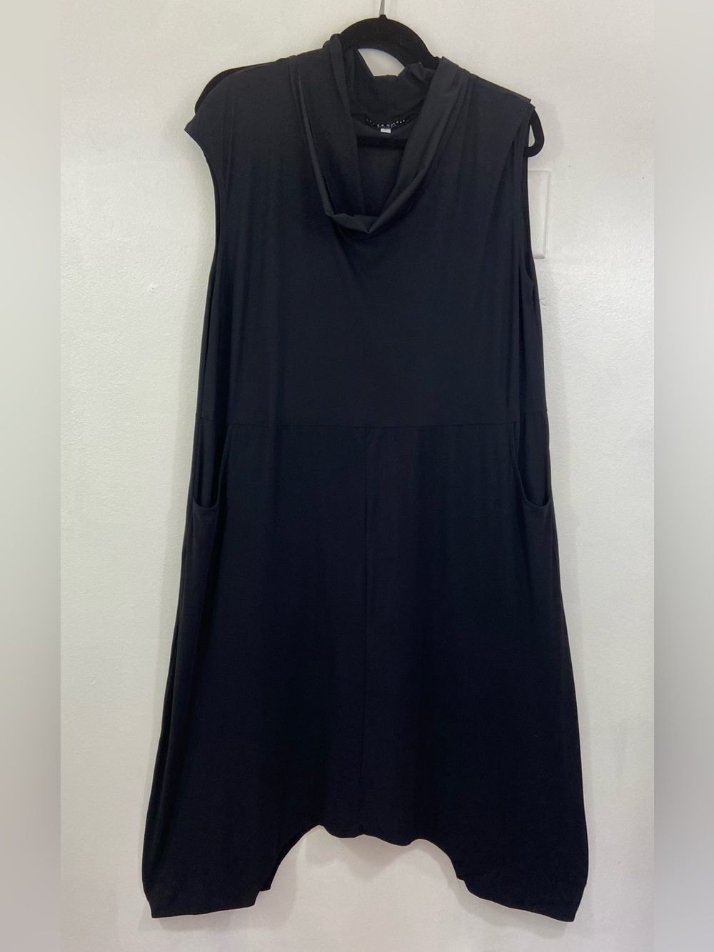 bryn Walker Black Midi Shift Dress Cowl Neck L Asymmetric Hem  Lagenlook Sleevel